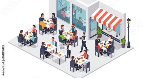 Isometric restaurant scene with people dining outdoors and indoors, waiters serving food.