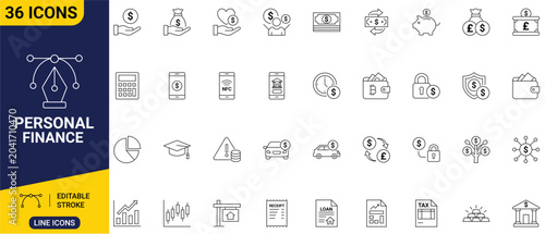 Personal finance set icon collection of clean outline symbols representing saving piggy banks, leather wallets, digital calculators, and coin stacks.
