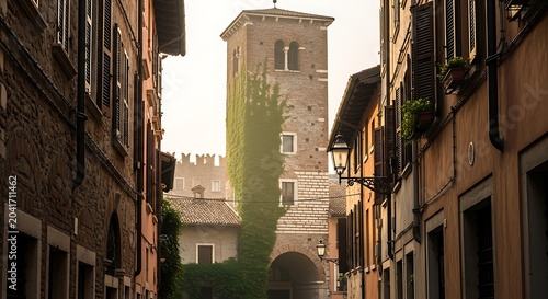 Historic Stone Tower Rising Above Narrow Old Town Street in Warm Sunlight