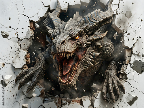 Fierce Dragon Breaking Through Crumbling Concrete Wall in Dark Dramatic Scene