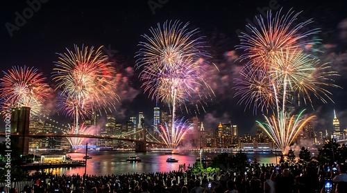 Colorful Firework Display Bursting Over Illuminated City Skyline and River at Night