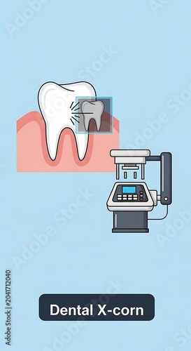 Illustrated Dental X Ray Machine Scanning Tooth in Light Blue Medical Poster