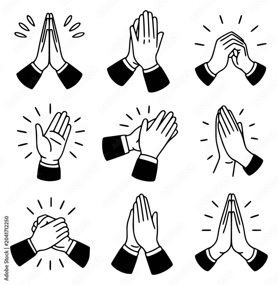 Fototapeta premium Set of hand gestures showing clapping, praying, and greeting in black and white line style