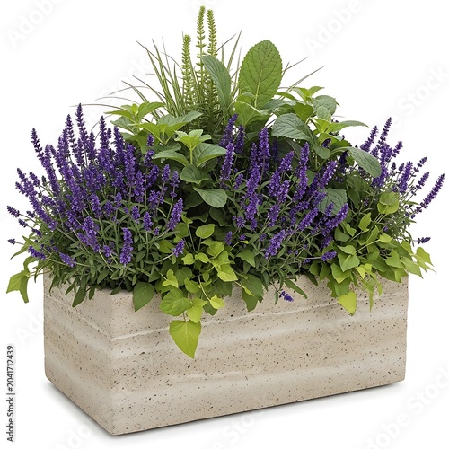 Lush Purple Flowering Herbs Arranged in Rectangular Stone Planter on White Background