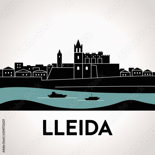 Canvastavla Lleida Skyline Silhouette — A Historic Spanish Hilltop Cathedral City Vector Ill