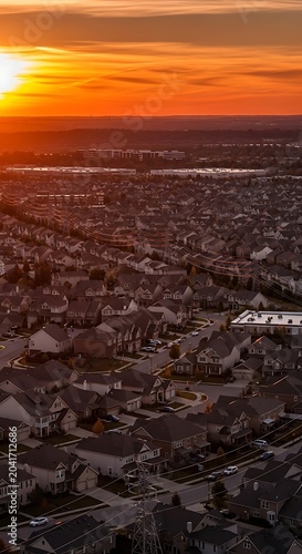 Expansive Suburban Neighborhood Glowing Under Orange Sunset Sky