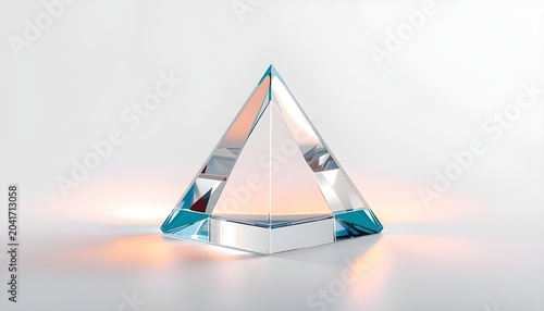 A crystal pyramid sits on a white surface with a soft glow behind it