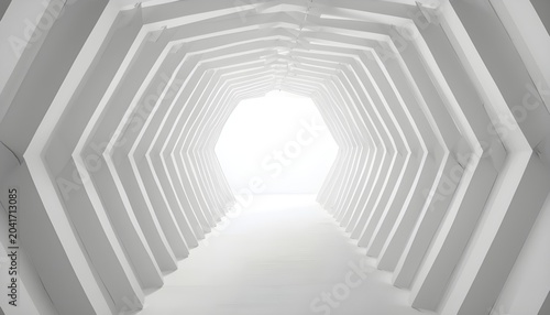 A futuristic white tunnel with a bright light at the end
