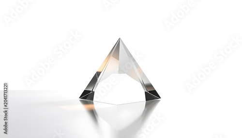 A sleek, modern glass sculpture with a triangular shape and reflective surface sits on a white table against a plain background.