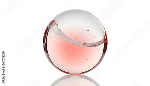 A pink liquid inside a transparent glass sphere on a white background