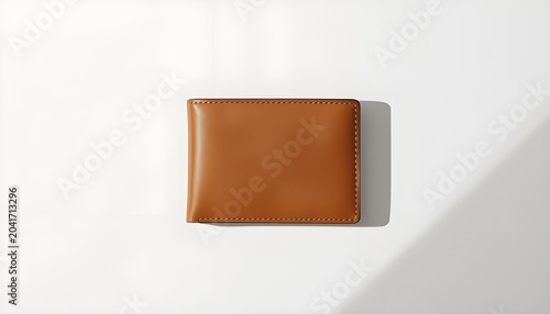 A brown leather wallet on a white surface with a shadow