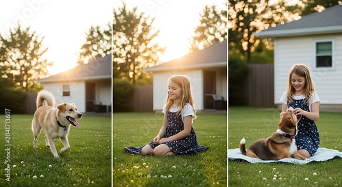 Young Girl Playing with Dogs on Backyard Lawn at Sunset