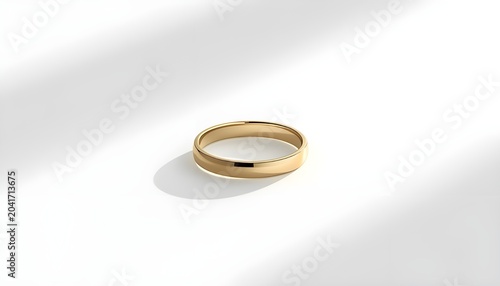 A gold ring is displayed on a white surface with a subtle shadow