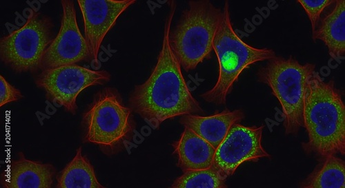 Fluorescent Microscopic Cells Glowing in Dark Laboratory Sample