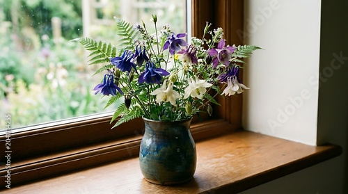 Colorful Wildflower Bouquet Arranged in Ceramic Vase on Wooden Windowsill