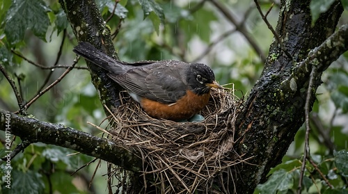 American Robin Sitting in Twig Nest on Rainy Forest Tree Branch