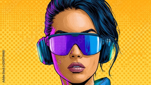 Cyberpunk woman in futuristic sunglasses and headphones over yellow background