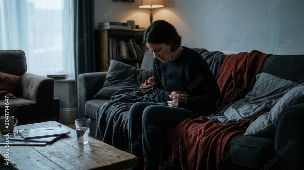 Fototapeta premium Woman Experiencing Pain, Clutching Stomach While Sitting on Sofa in Living Room