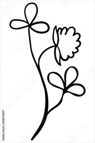 Minimalist linear drawing of a clover flower on a stem with leaves.