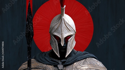 Ares Ancient Greek God of War Portrait Illustration. Spartan Warrior in Helmet with Red Glowing Eyes and Spear.