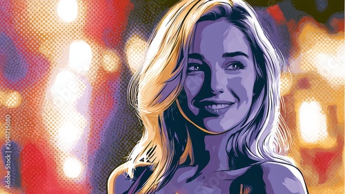 Beautiful smiling blonde woman in cocktail dress at night city party in comic style