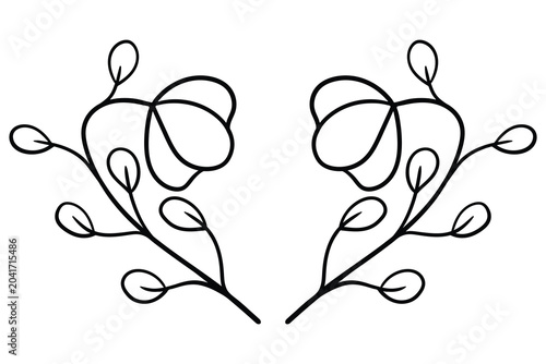 Symmetrical linear drawing of a botanical vignette made of two flower branches.