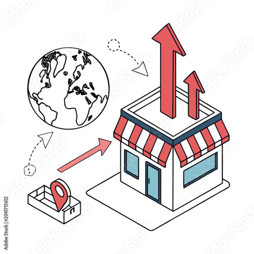 Professional isometric market expansion icon designed for international business growth, market development, startup scaling, and global expansion strategies.
