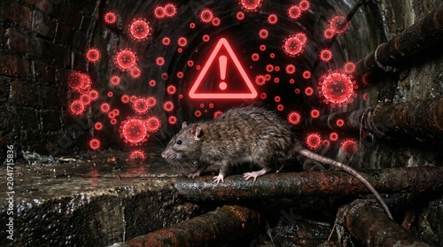 Rat in dirty environment with virus particles and warning sign disease transmission concept made by AI generative