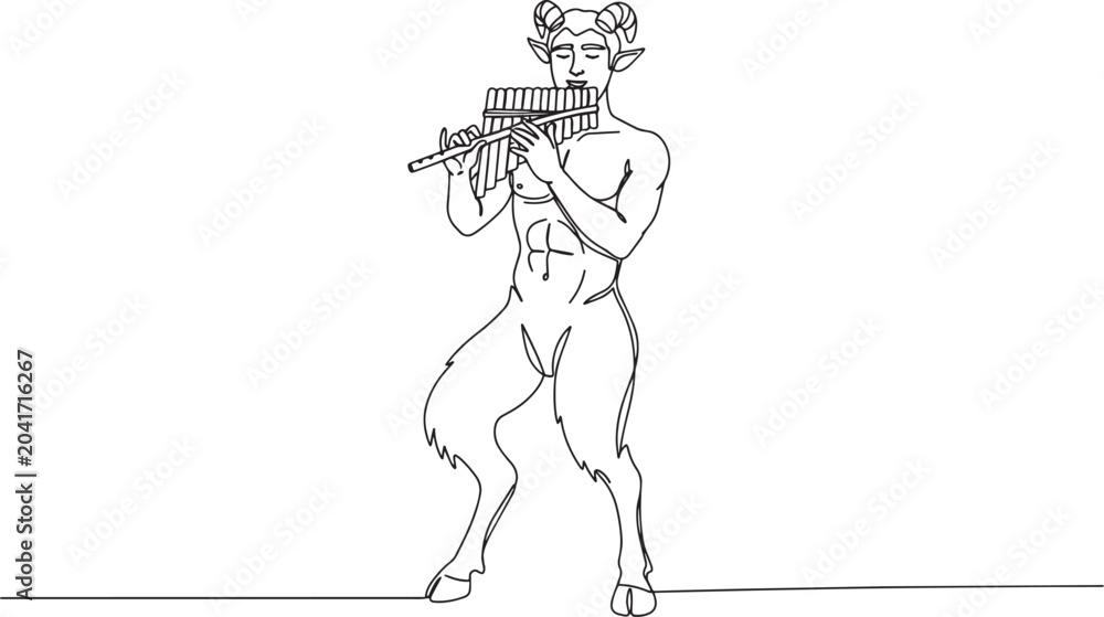 Fototapeta premium Mythical creature playing pan flute with horns and animal legs.