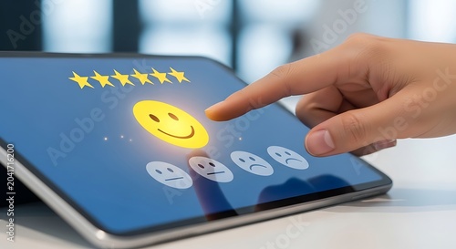 Hand Selecting Happy Rating on Digital Tablet in Customer Feedback Interface