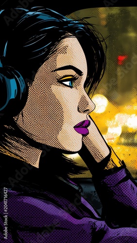 Young woman in headphones inside a car looking out at city night lights in comic style
