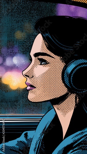 Young woman in headphones inside a car looking out at city night lights in comic style