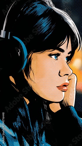 Young woman in headphones inside a car looking out at city night lights in comic style