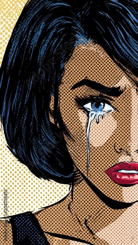 Close up portrait of a crying woman with blue eyes in retro pop art comic style