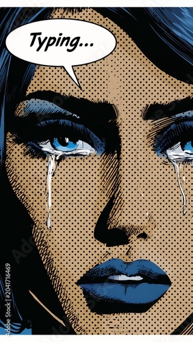 Crying woman in pop art comic style with typing speech bubble