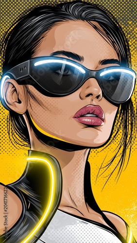 Cyberpunk woman in futuristic sunglasses and headphones over yellow background
