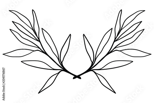 Symmetrical linear drawing of a botanical wreath made of two olive or laurel branches.
