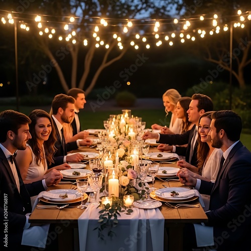 Elegant Group Enjoying Candlelit Dinner at Outdoor Garden Party
