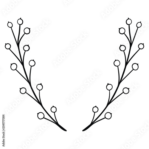 Symmetrical linear drawing of a botanical half-wreath made of two branches with berries.