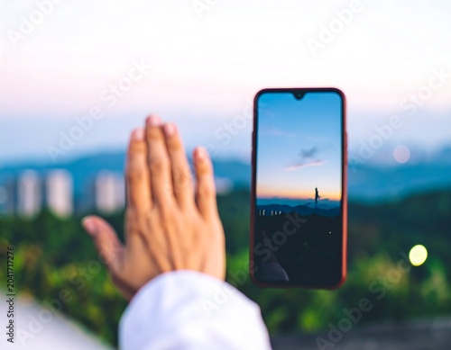 Raised Hand Reaching Toward Smartphone Showing Sunset Landscape in Blurred Mountain View