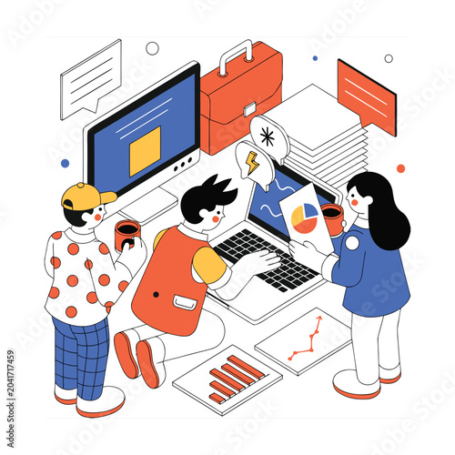 Professional isometric collaboration icon designed for teamwork, business communication, project management, and startup culture concepts.