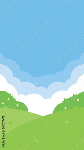 An illustration of clouds over a lush green garden landscape 