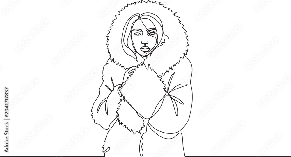 Fototapeta premium Woman in a fur-lined hood coat, looking cold and uncomfortable, front view.