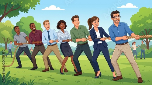 Diverse business team playing tug of  war outdoors - teamwork and collaboration concept made by AI generative