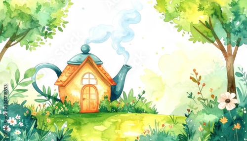 Whimsical house in a teapot garden.