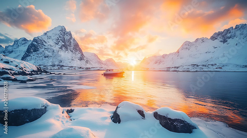 Stunning winter sunrise over snow capped mountains and icy fjord beneath a colorful morning sky.