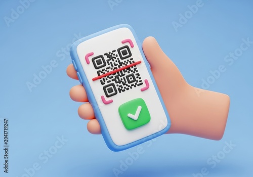 3D Illustration of a Hand Holding a Smartphone Scanning a QR Code for Digital Payment and Verification