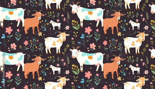 Colorful Goat Pattern with Floral Design.