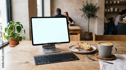 Blank tablet and laptop screen with coffe and pastry on cafe table - remote work and mockup template made by AI generative