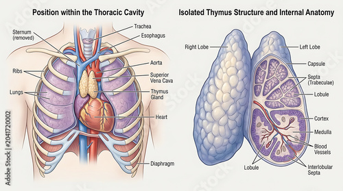 Anatomical diagram of the thoracic cavity and isolated thymus